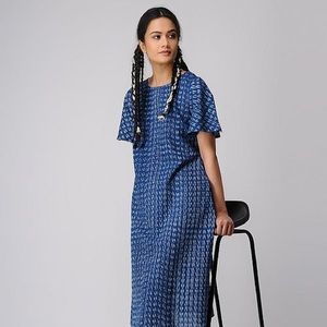 JAYPORE Blue-Ivory Cotton Ikat Dress with Pockets